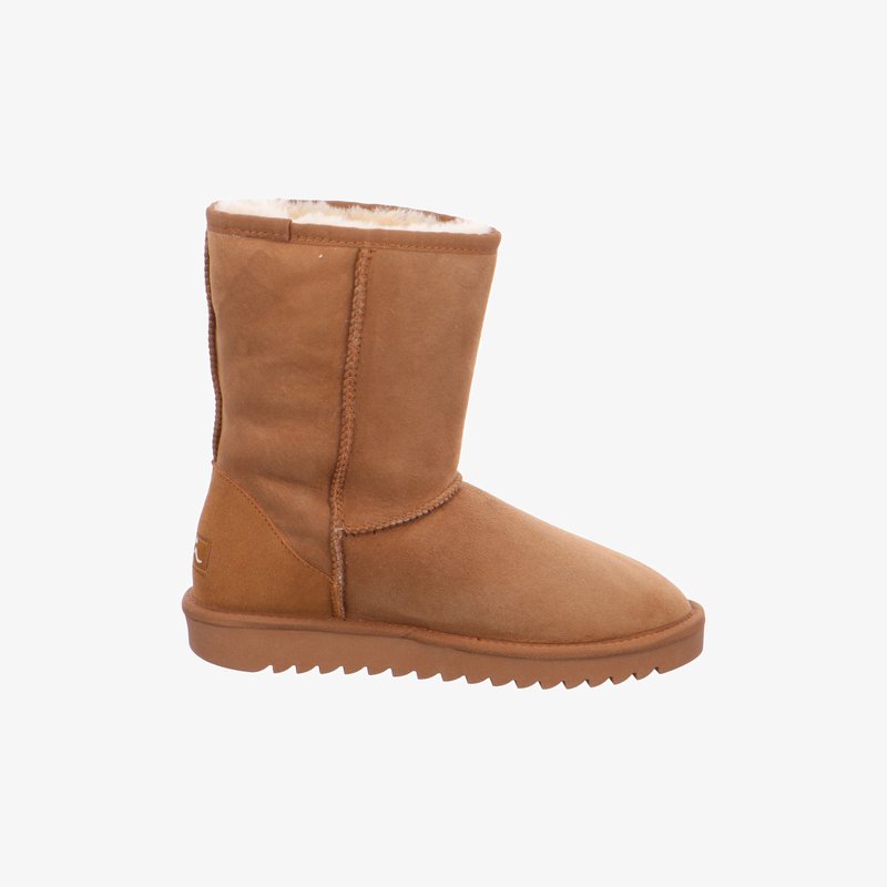 Mid-calf brown suede boot with cream-colored fleece lining and rubber sole with ridged tread, shown from the side.