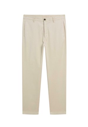 Beige straight-leg trousers with belt loops, side pockets, and a button closure on a white background.