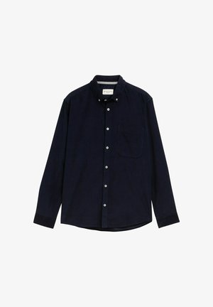Námornícky modrá košeľa na gombíky s dlhými rukávmi, golierom, jedným vreckom na hrudníku a bielymi gombíkmi. Vyrobená z textúrovanej tkaniny s elegantným dizajnom.