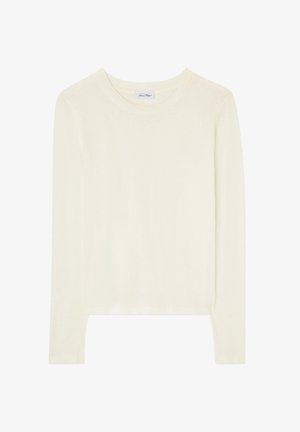 Tričko s dlouhým rukávem a kulatým výstřihem v krémově bílé barvě, vyrobené z lehké látky, s rovným lemem a malou značkovou štítkem uvnitř límce.