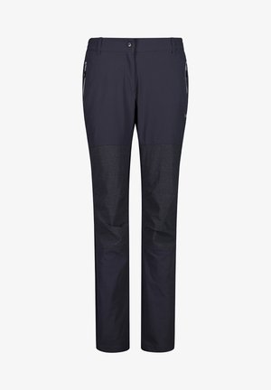 Marineblauwe outdoorbroek met gestructureerde kniepaneel, ritssluitingen in de zijzakken en knoopsluiting in de tailleband.