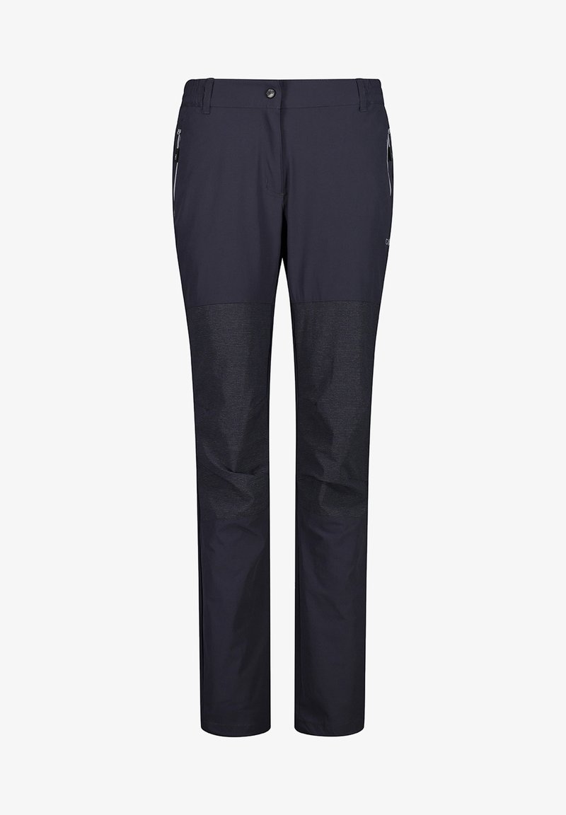 Pantalon d'extérieur bleu marine avec panneaux texturés aux genoux, poches latérales zippées et fermeture par bouton à la taille.