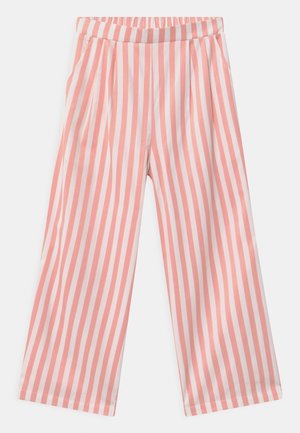 Pantalons larges à rayures roses et blanches avec une taille élastique et deux poches latérales, en tissu léger.