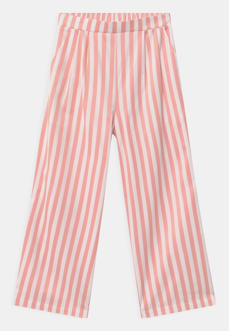 Pantalons larges à rayures roses et blanches avec une taille élastique et deux poches latérales, en tissu léger.