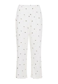Pantalones blancos con cintura elástica, que presentan un estampado en toda la prenda de pequeñas hojas verdes y puntos rojos. La tela tiene una textura suave.