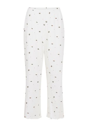 Weiße Hose mit elastischem Bund, die ein durchgehendes Muster aus kleinen grünen Blättern und roten Punkten aufweist. Der Stoff hat eine glatte Textur.