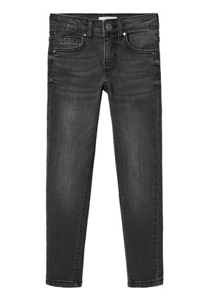 Ciemnoszare jeansy slim fit z przednimi kieszeniami, szlufkami na pasek i zapięciem na guzik.