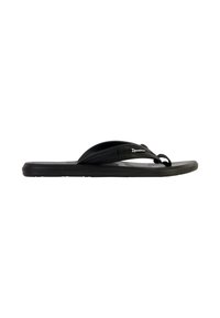 Zwarte flip-flop sandaal met een gestructureerde band en een platte rubberen zool, ontworpen voor casual gebruik. Geen extra ontwerpelementen.