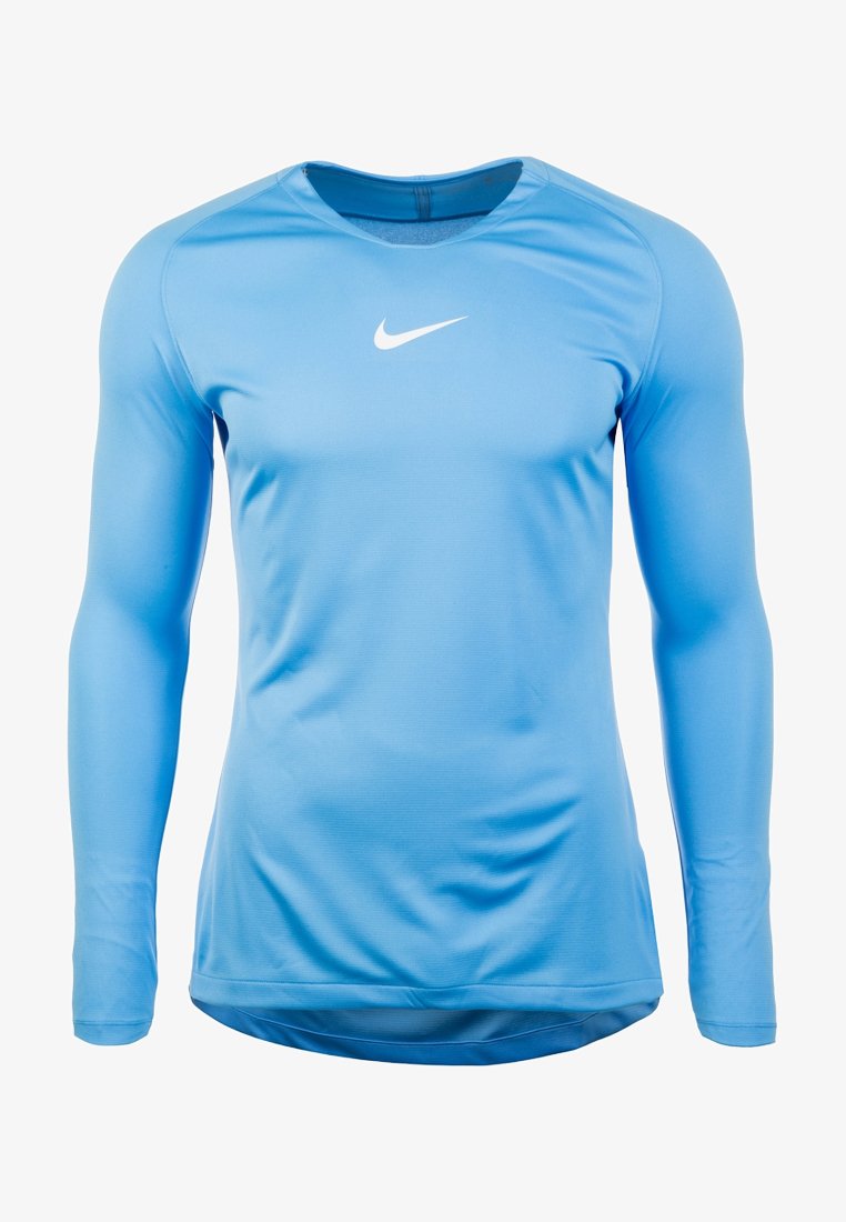 Langärmliges Sportshirt aus leichtem blauen Polyester mit einem runden Ausschnitt und weißem Nike-Logo auf der Brust, glatte Textur und enganliegendes Design.