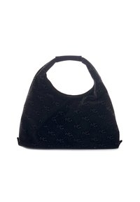 Borsa hobo in suede nera con manico curvature, decorata con un motivo discreto di piccoli dettagli riflettenti.