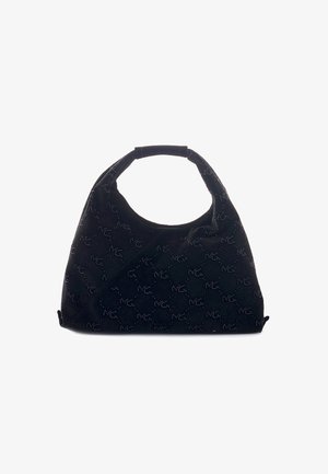 Borsa hobo in suede nera con manico curvature, decorata con un motivo discreto di piccoli dettagli riflettenti.