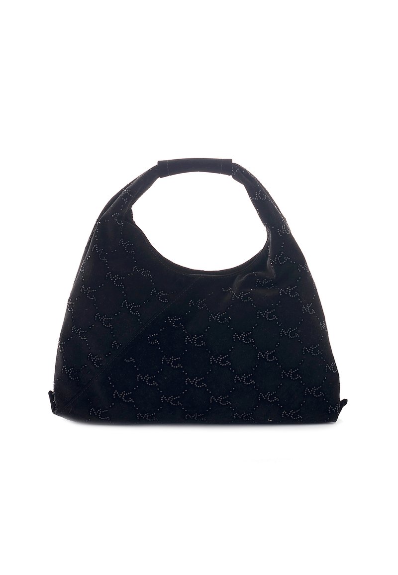 Borsa hobo in suede nera con manico curvature, decorata con un motivo discreto di piccoli dettagli riflettenti.