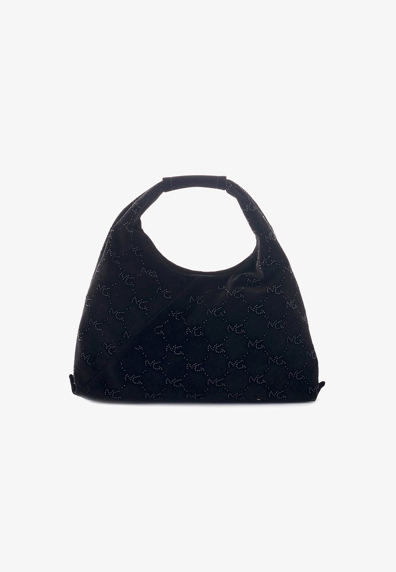Borsa hobo in suede nera con manico curvature, decorata con un motivo discreto di piccoli dettagli riflettenti.