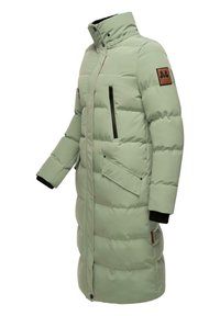 Padded long coat in light green, featuring a high collar, black zippers, two front pockets, and a brown logo patch on the left sleeve.