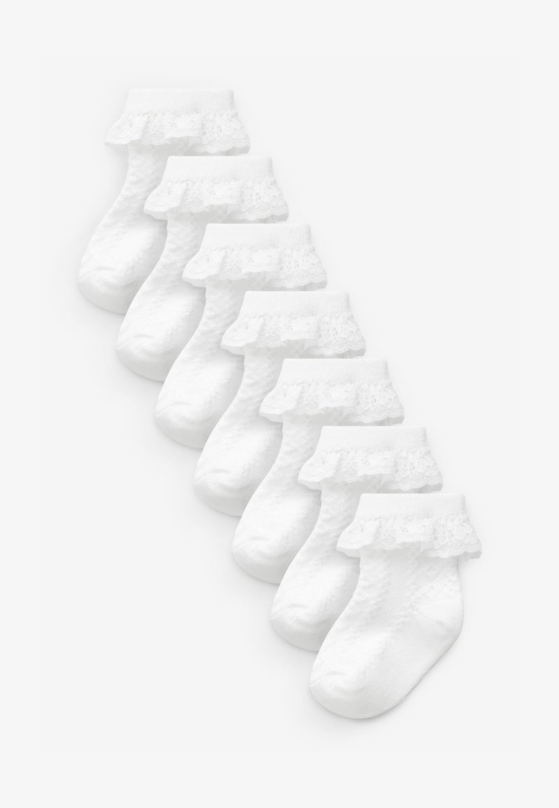 Białe skarpetki do kostek z koronkowym wykończeniem na mankiecie, teksturowanym ciałem i gładkim obszarem palców. Osiem par ułożonych w rząd.