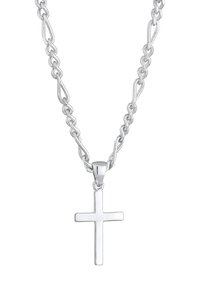 Sudraba ķēdes kaklarota ar pulētu krusta piekariņu, kurai raksturīgs simetrisks dizains un gluda tekstūra.