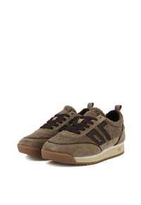 Brown sneakers with textured suede and fleece upper, dark brown laces, side logo, and beige rubber sole with ridged tread.