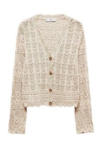 Béžový háčkovaný cardigan s V-výstřihem, dlouhými rukávy, pěti hnědými knoflíky, vlnitým vzorem a vykrojeným lemem. Texturovaná pletenina.