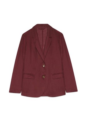 Blazer ajusté rouge foncé avec deux boutons sur le devant, poches à rabat, manches longues et col à revers cranté.