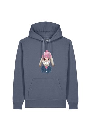 Sweat à capuche bleu avec poche avant, illustré d’un lapin portant un bonnet rose en tricot, des lunettes rouges et un manteau bleu.