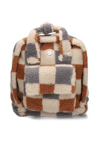 Fleece rugzak met een geruite patroon in crèmekleur, oranje en grijs. Voorzien van een bovenhandgreep en een voorkantvak met een ronde logopatch.