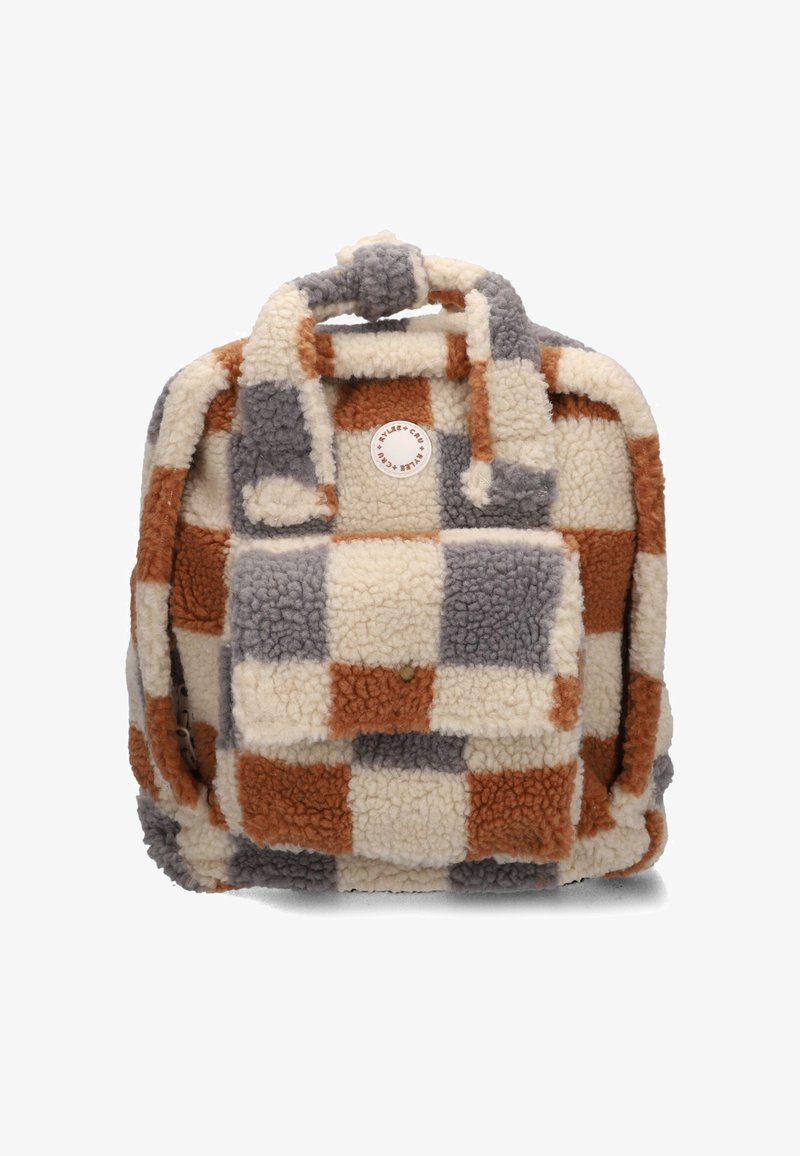 Fleece rugzak met een geruite patroon in crèmekleur, oranje en grijs. Voorzien van een bovenhandgreep en een voorkantvak met een ronde logopatch.
