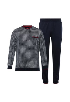 Männer-Loungewear-Set mit einem gemusterten Langarmoberteil in Marineblau mit roten Akzenten und passenden Marineblauen Hosen mit elastischen Bündchen.