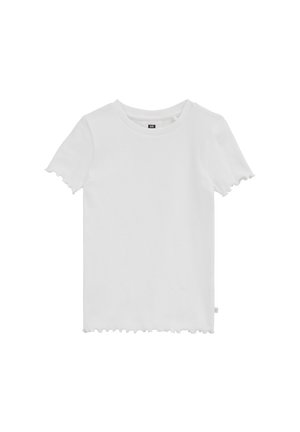 Top blanc à manches courtes côtelé avec ourlet et manches à bords ondulés, encolure ronde et petite étiquette latérale.