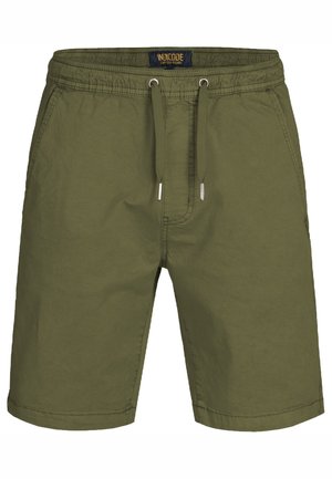 Olive green shorts made of lightweight fabric, featuring an elastic waistband with drawstring, and two side pockets. Straight leg design.