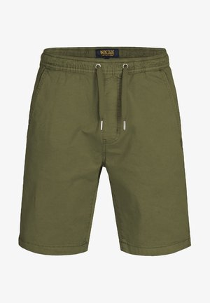 Olive green shorts made of lightweight fabric, featuring an elastic waistband with drawstring, and two side pockets. Straight leg design.