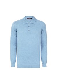 Suéter de polo de manga larga en azul claro, confeccionado en un tejido suave, con cuello tipo polo, tapeta de tres botones y puños y cintura acanalados.