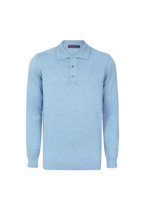 Suéter de polo de manga larga en azul claro, confeccionado en un tejido suave, con cuello tipo polo, tapeta de tres botones y puños y cintura acanalados.