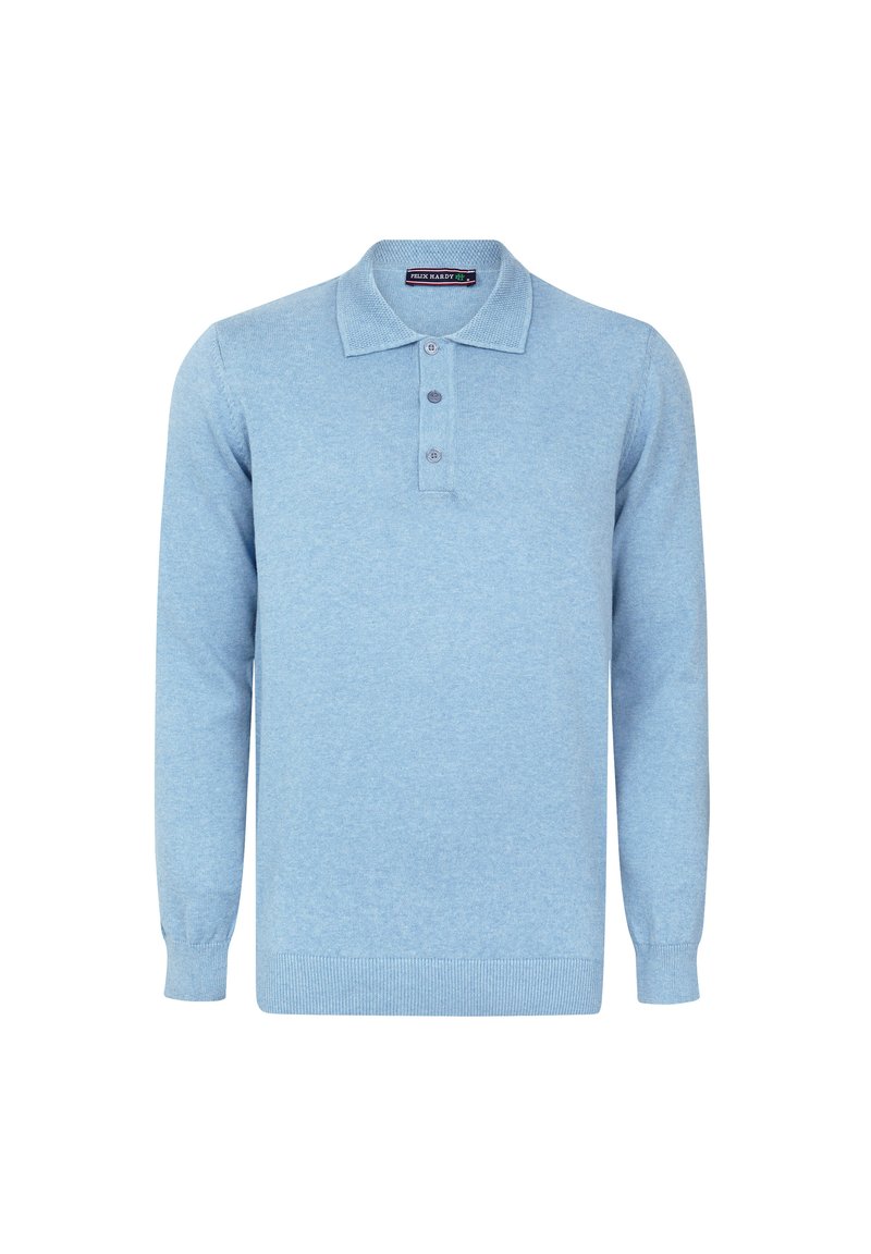 Suéter de polo de manga larga en azul claro, confeccionado en un tejido suave, con cuello tipo polo, tapeta de tres botones y puños y cintura acanalados.