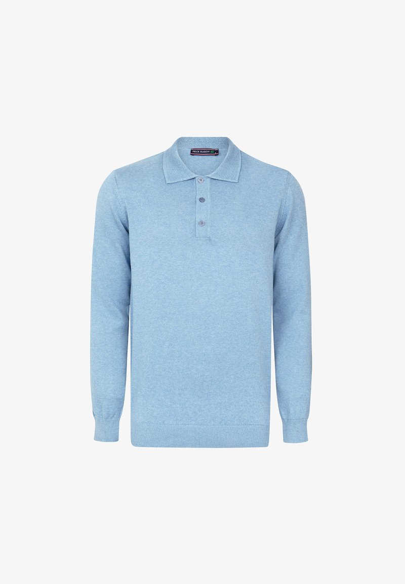 Světle modrý svetřík s dlouhým rukávem z měkké tkaniny, s límečkem, třemi knoflíky a žebrovanými manžetami a pasem.