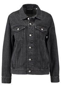 Czarna kurtka jeansowa z kołnierzem, zapinana na guziki z przodu, z dwiema kieszeniami na piersiach oraz szwami po bokach. Charakteryzuje się kontrastowymi, srebrnymi guzikami.