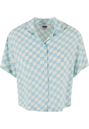 Lichtblauwe en witte geruite short-sleeve blouse, met een ontspannen pasvorm, knoopsluiting aan de voorkant en een kraag. Gemaakt van zachte stof met een gladde textuur.