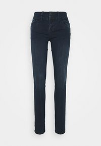 Mörkblå, slim-fit denimjeans med fem fickor, knapp- och dragkedja, och tydlig sömnad längs sömmarna. Slät textur.