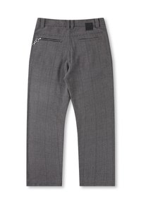 Gray patterned trousers with a textured finish. Features a zippered back pocket and a logo patch on the waistband. Straight-leg design.