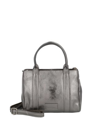 Gray leather handbag with two top handles and a detachable adjustable shoulder strap on a white background.