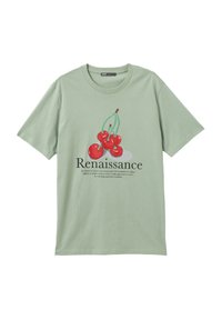 Miętowa koszulka z krótkim rękawem z bawełny, z grafiką czerwonych wiśni i słowem "Renaissance" w czarnym tekście poniżej.