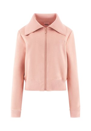 Roze cropped jack met ritssluiting, grote kraag, geribbelde manchetten en zoom, gemaakt van gladde stof, met een subtiel logo op de linkerborst.