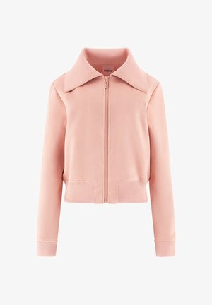 Roze cropped jack met ritssluiting, grote kraag, geribbelde manchetten en zoom, gemaakt van gladde stof, met een subtiel logo op de linkerborst.