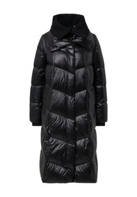 Cappotto piumino nero con motivo a zigzag, colletto alto e polsini a coste. Presenta una texture lucida e liscia e un design fino al ginocchio.