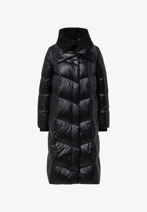 Czarna kurtka puchowa z wzorem w zygzak, wysokim kołnierzem i ribbowymi mankietami. Posiada błyszczącą, gładką strukturę oraz długość do kolan.