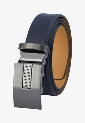 Navy blue leather belt with tan inner lining and silver metallic automatic buckle featuring a textured central strip.