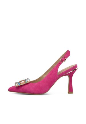 Zapato de tacón alto con tira trasera en ante rosa, puntera puntiaguda y adorno con joyas multicolor en la tira delantera.