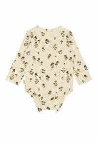 Kreem värvi pika varrukaga beebi bodysuit, millel on pruuni ja rohelise tooni seenerollid. Pehme kangas, mille allosas on nööbid.