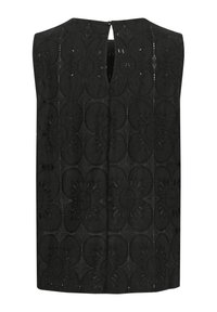 Haut sans manches noir avec un design en dentelle florale, encolure ronde, ouverture en clé au dos et texture subtile.