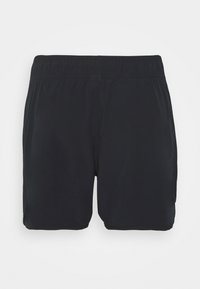 Black swim shorts with an elastic waistband, smooth texture, short length, and no visible patterns or hardware.