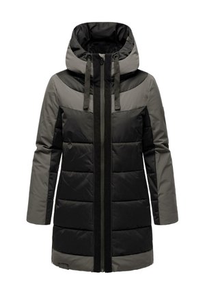 Padded coat with a two-tone design in dark gray and black. Features a high collar, zipper closure, and adjustable hood.